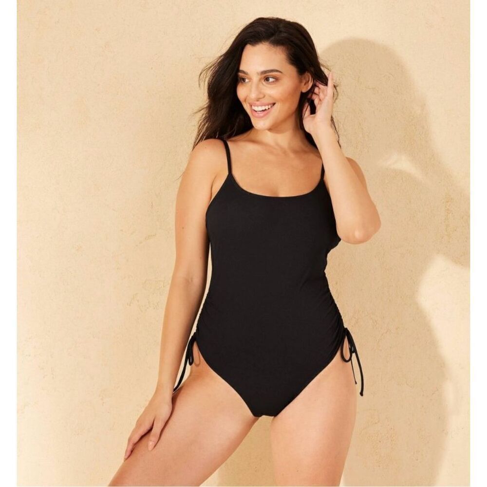 🌸 Shade & Shore Black Ribbed Pull Side Adjustable Swimsuit Size Small